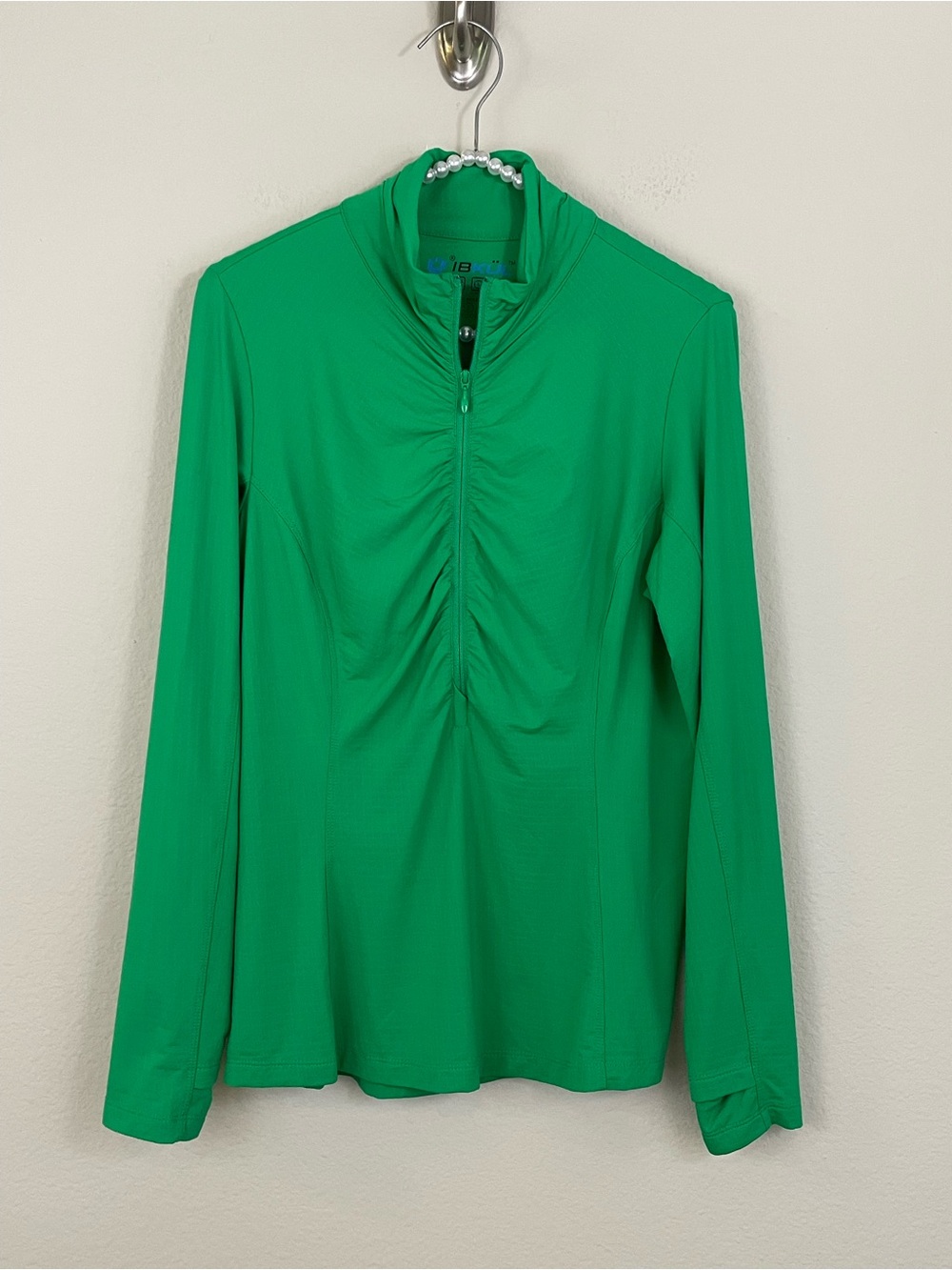 IBKUL Solid Kelly Green Ruched Long Sleeve Mock Golf Shirt UPF 50+ Size Small
